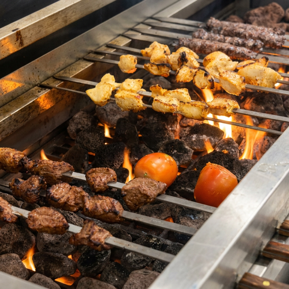 Metal skewers hold grilled chicken, meatballs, and tomatoes over glowing charcoal and flames in a commercial restaurant grill.