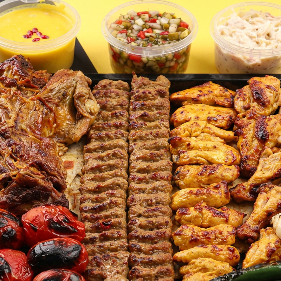 A lavish grilled meat platter with skewers, chicken, roasted vegetables, rice, pickles, lemon, and three sauces.