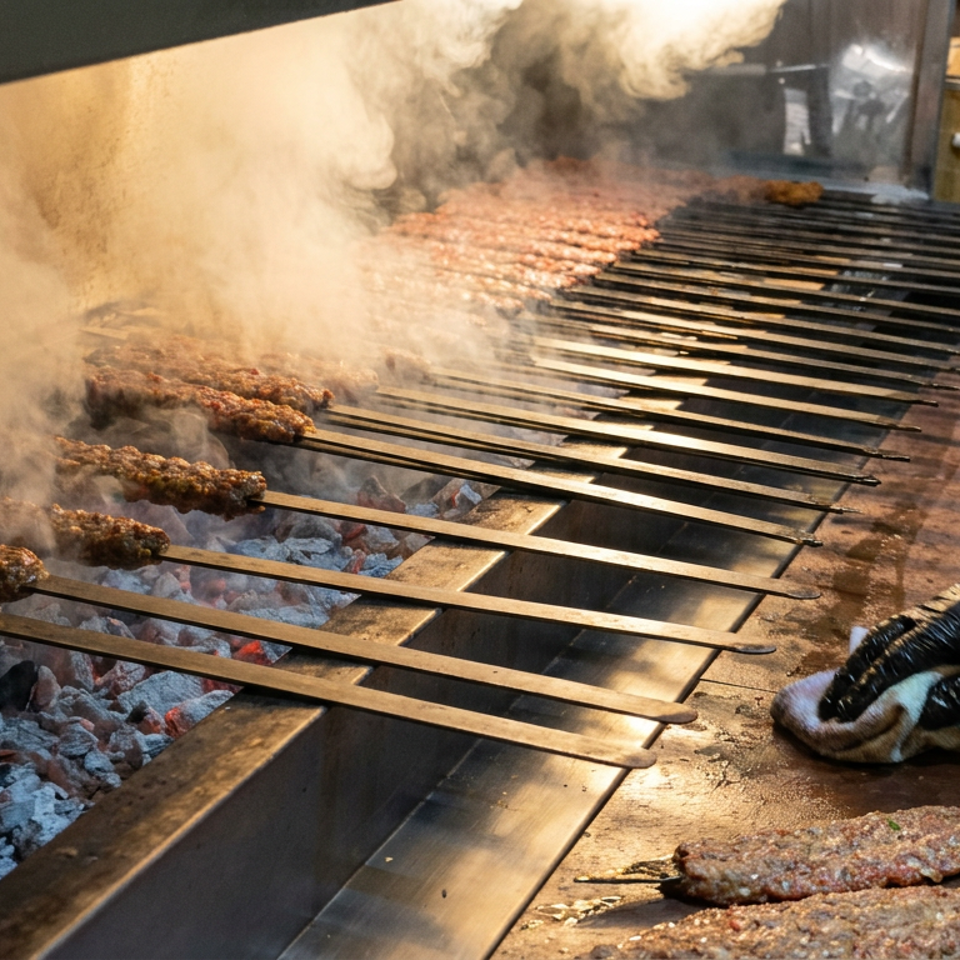 Skewered minced meat grills over glowing charcoal while smoke rises and a gloved cook handles skewers beside stacked plates.