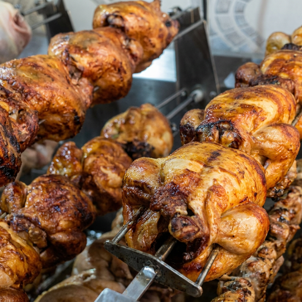 Rows of whole roasted chickens turning on metal spits, with golden-brown skin and charred grill marks.