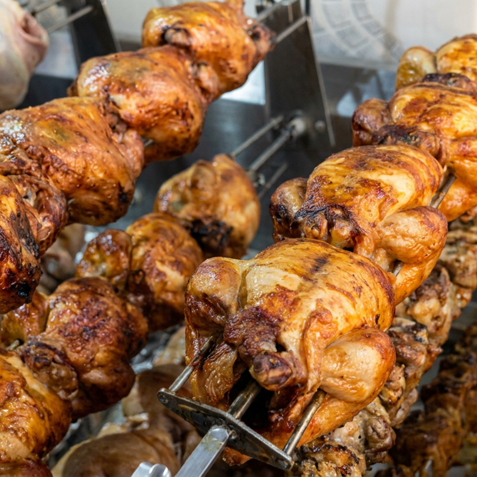 Rows of golden roasted chickens rotate on metal spits in a restaurant rotisserie.