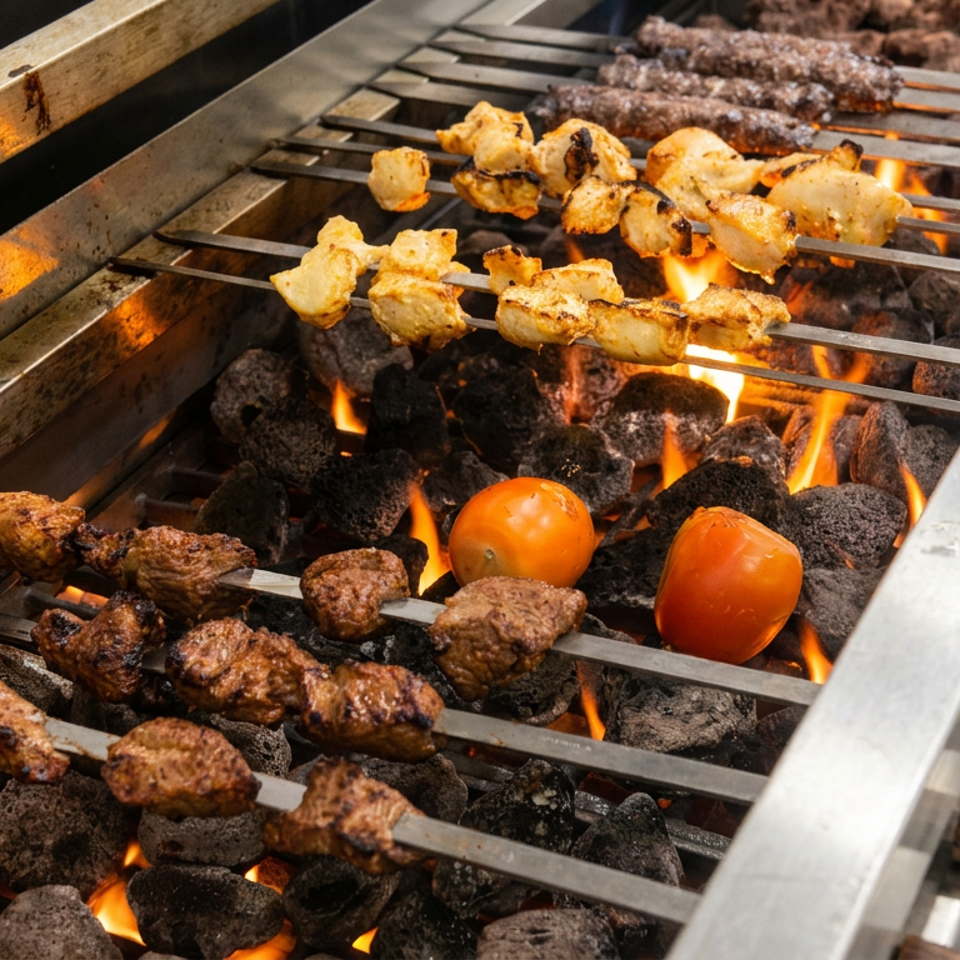 Skewers of grilled meat and chicken cook over glowing charcoal alongside whole tomatoes.